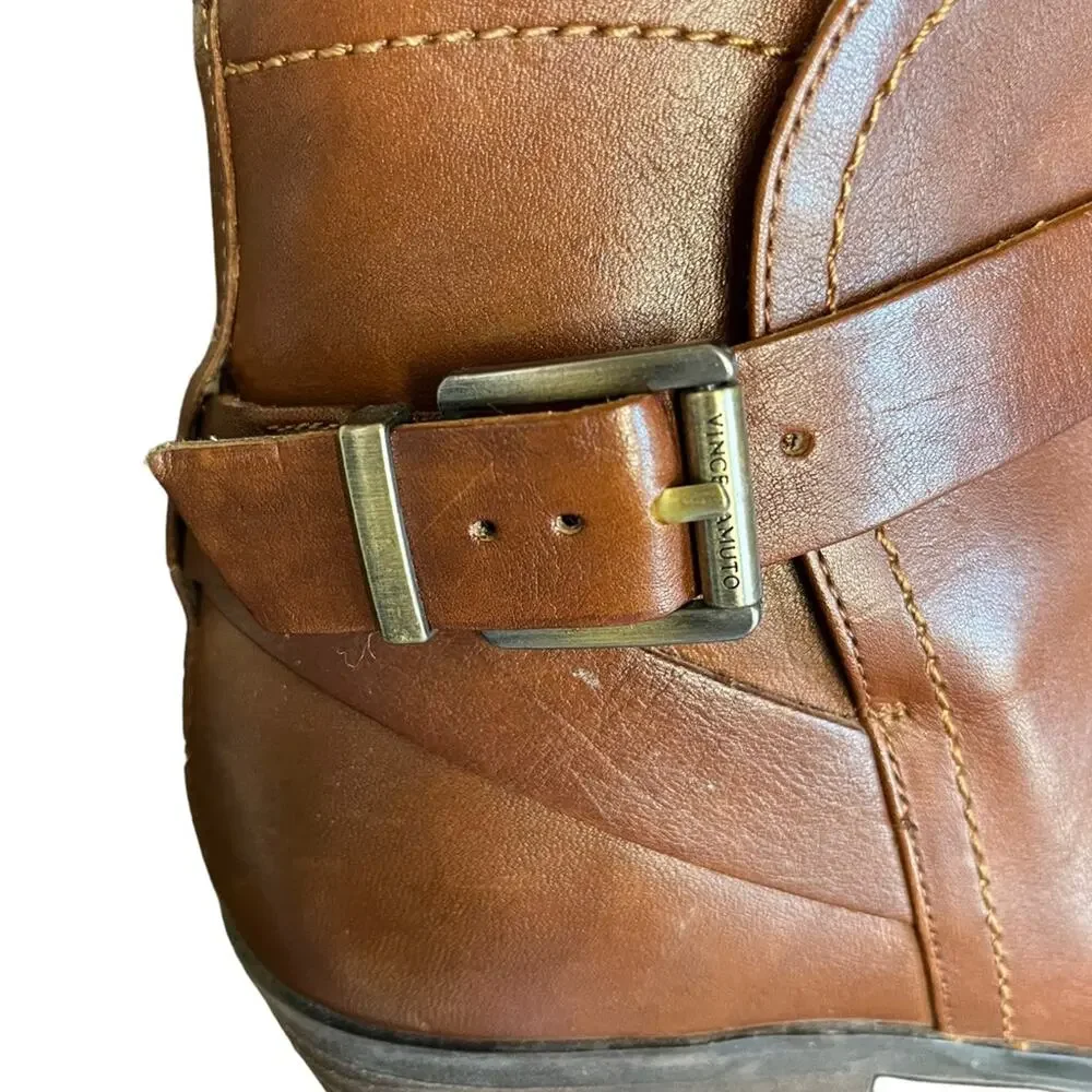 VINCE‎ CAMUTO Peamer Cognac Burnished Leather Ankle Boots Buckles Distressed 7.5